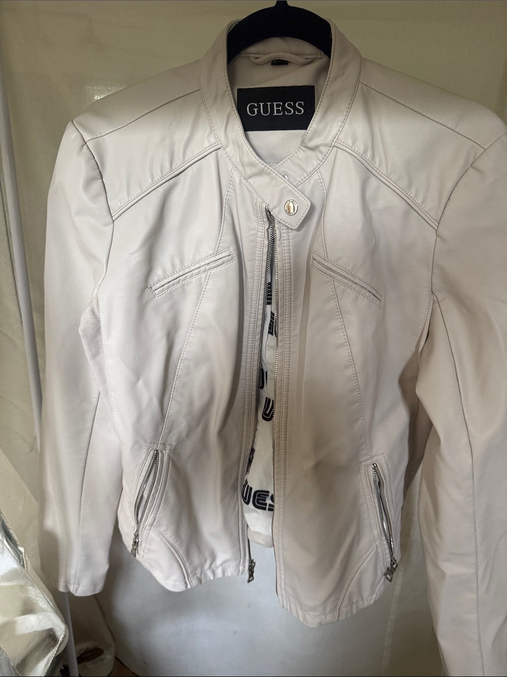 GUESS Women's White Faux Leather Moto Jacket with Zip Pockets